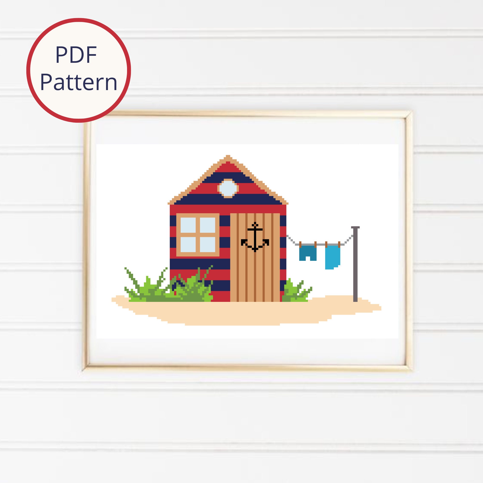 Beach Hut With Clothesline Cross Stitch Pattern, Beach House, Beach