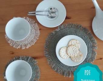 Napperon et sous-verres à franges au crochet : style bohème en macramé (PDF à télécharger instantanément)
