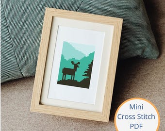 Mini Mountain Landscape with Deer Cross Stitch Pattern - Beginner Friendly (Digital Download)
