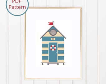 Blue and Beige Beach Hut Cross Stitch Pattern: Easy Beginner Design (Digital Download)