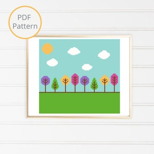Colorful Trees Cross Stitch Pattern, Modern Cross Stitch, Geometrical Floral Cross Stitch, Spring Summer Trees, Fun Cross Stitch Project