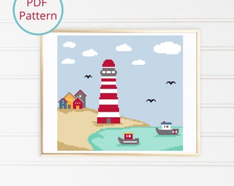 Lighthouse Beach Cross Stitch Pattern: Seaside Huts (Instant PDF Download)