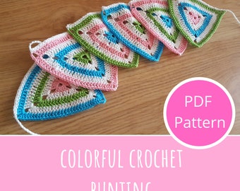 Colorful Crochet Bunting Pattern, Crochet Party Garland, Handmade Decor, Crochet Decor, Crochet Banner, Crochet Flags, Instant PDF Download