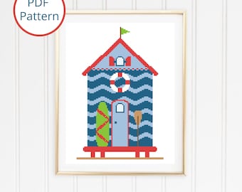 Beach Hut Cross Stitch Pattern: Modern Cottage Design (PDF Download)