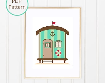 Beach Hut Cross Stitch Pattern: Anchor & Flag Design (PDF Download)