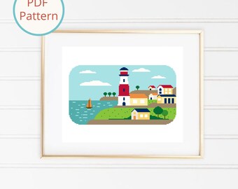 Modèle de point de croix phare côtier : paysage de bord de mer (téléchargement PDF)