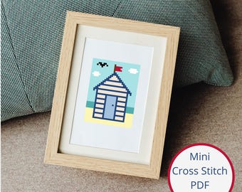 Beach Hut Cross Stitch Pattern: Beginner Mini Landscape (PDF Download)