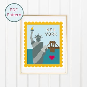 New York City Stamp-Shaped Landscape Cross Stitch, Modern Cross Stitch, New York City Cross Stitch, New York Souvenir, Instant PDF Download