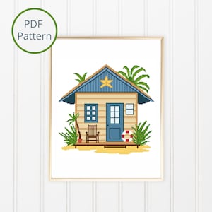 Beach Hut Cross Stitch Pattern, Beach House with Chair and Palm Trees, Summer Beach Cottage, Cross Stitch Wall Art, Instant PDF Download