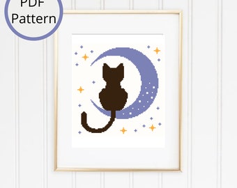 Moonlight Cat Cross Stitch Pattern, Moon and Stars Counted Cross Stitch, Modern Cross Stitch, Home Decor, Cat Lovers, Instant PDF download
