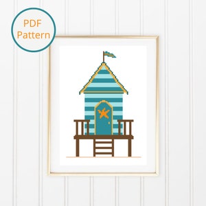 Beach Hut Cross Stitch Pattern, Beach House Pattern, Beach Cottage with Starfish, Modern Cross Stitch, Summer Decor, Instant PDF Download
