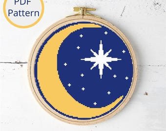 Lune et étoiles, motif point de croix, décor de ciel nocturne, (téléchargement PDF instantané)