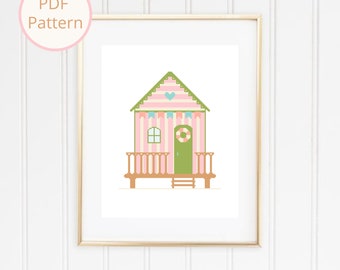 Pastel Beach Hut Cross Stitch Pattern: Beginner Modern Wall Art (PDF Download)