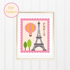 Paris Stamp Shaped Landscape Cross Stitch Pattern, Paris Modern Cross Stitch, Eiffel Tower Cross Stitch, Pretty Paris, Instant PDF Download