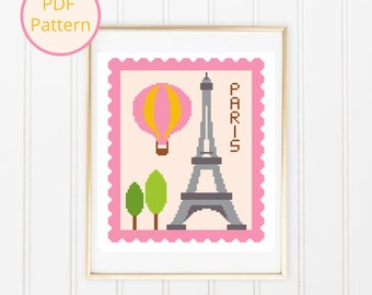 Modèle de point de croix Paris Tour Eiffel, paysage en forme de tampon (téléchargement PDF)