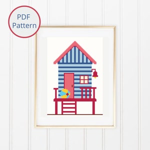 Cabane de plage, motif de point de croix, maison de plage, cottage de plage rouge et bleu, point de croix nautique moderne, décoration estivale, téléchargement PDF instantané