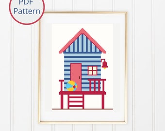 Beach Hut Cross Stitch Pattern, Beach House, Red and Blue Beach Cottage, Modern Nautical Cross Stitch, Summer Decor, Instant PDF Download