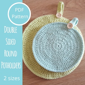 Double sided crochet round potholder pattern in two sizes, double-thick pot holder, hot pad, pot coaster, round trivet, housewarming gift