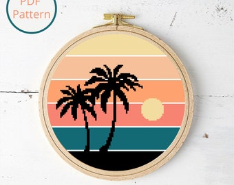 Tropical Sunset Palm Tree Cross Stitch Pattern: Beginner Nature Scene (PDF Pattern)