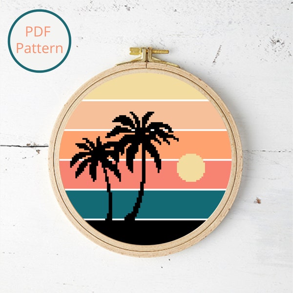 Tropical Sunset with Palm Tree Cross Stitch Pattern, Nature Cross Stitch, Summer Night Cross Stitch, Tropical Beach, Modern Cross Stitch
