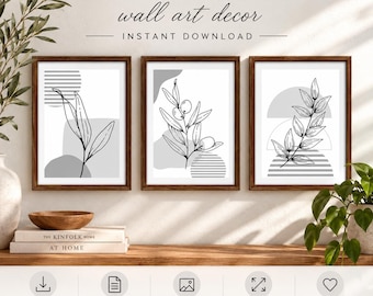 Gray Botanical Wall Art Set of 3, Abstract Floral Prints, Minimalist Decor, Digital Download