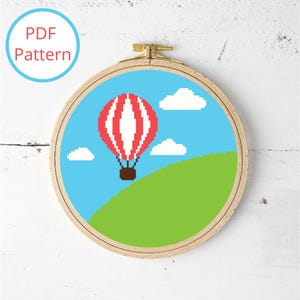 Hot Air Balloon Landscape Cross Stitch Pattern, Colorful Balloon Cross Stitch, Modern Cross Stitch, Easy Cross Stitch, Instant PDF Download