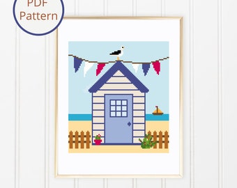 Beach Hut Cross Stitch Pattern: Seagull & Bunting (PDF Download)