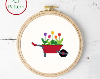 Tulips in Hand Cart Cross Stitch Pattern: Spring Garden Decor (PDF Pattern)