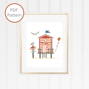 Beach Hut with Flag and Seagulls Cross Stitch Pattern, Beach House, Beach Cottage, Modern Cross Stitch, Summer Decor, Instant PDF Download