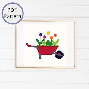 Bollerwagen mit Tulpen Kreuzstichmuster, Garten Kreuzstich Blumen, buntes Tulpenmuster, Frühlingssommerdekor, modernes Kreuzstichmuster
