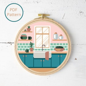 Retro Kitchen Cross Stitch Pattern, Vintage Kitchen Cross Stitch, Kitchen Decor, Mid-Century Modern Kitchen Cross Stitch, Instant Download
