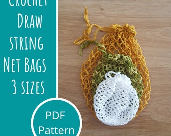 Crochet Drawstring Net Bag Pattern, 3 sizes, Reusable Fruit Bag, Laundry Net Bag, DIY Wash Bag, Reusable Produce Bag Tutorial,Zero Waste Bag