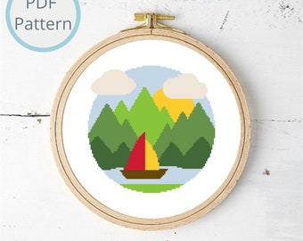 Mountain Landscape with Sailboat Wall Art Cross Stitch Pattern, Colorful Nature Cross Stitch, Forest Cross Stitch, Instant PDF Download