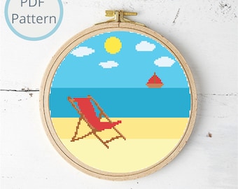 Motif de point de croix, paysage de plage, vue estivale sur l'océan (téléchargement PDF)