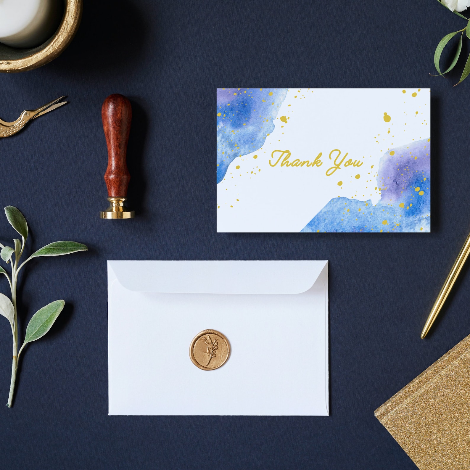 Printable Watercolor Blue & Gold Thank You Cards in 2 Sizes, Instant Download PDF Blue and Gold