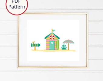 Beach Hut with Beach Sign Cross Stitch Pattern, Beach House, Beach Cottage, Modern Nautical Cross Stitch Summer Decor, Instant PDF Download