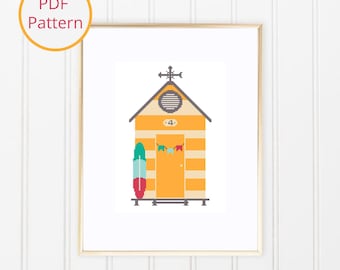 Yellow and Beige Beach Hut Cross Stitch Pattern: Colorful Coastal Wall Art (PDF Download)