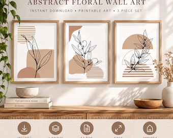 Abstract Floral Wall Art Set of 3, Neutral Botanical Prints, Boho Decor, Instant Download