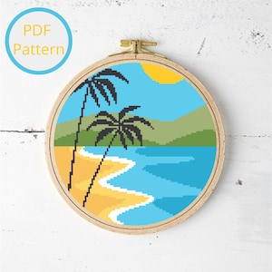 Tropical Beach Cross Stitch Pattern, Nature Cross Stitch, Summer Cross Stitch, Tropical Landscape, Modern Cross Stitch Decor, Instant PDF