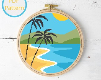 Modèle de point de croix de plage tropicale, décoration d'art murale côtière (téléchargement PDF)