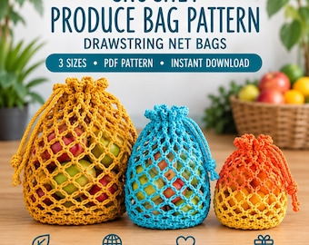 Crochet Drawstring Net Produce Bags, 3 Sizes, Eco-Friendly Market Bags (PDF Pattern)