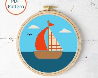 Sailboat Ocean Landscape Cross Stitch Pattern: Easy Nautical Wall Art (PDF Download)