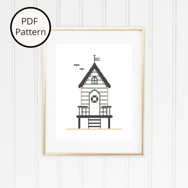 Monochromatic Beach Hut Cross Stitch Pattern, Beach House Pattern, Black & White Beach Cottage, Modern Cross Stitch, Instant PDF Download