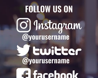 May include: White text on a blurred background reads "FOLLOW US ON" above Instagram, Twitter, and Facebook logos. Each logo is followed by the platform's name and a username, encouraging social media engagement.