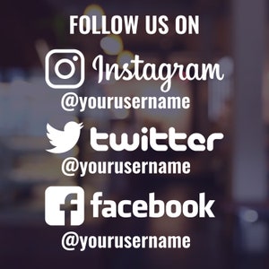 CUSTOMIZABLE Follow Us On Social Media Store Window Vinyl Decal - sticks on any smooth surface - multiple colors available