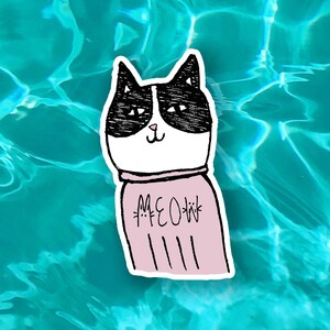 Meow Cat Die Cut Sticker | Hand Drawn Doodle Tuxedo Cat | Black & White Cat Vinyl Decal | Waterproof Tuxedo Cat Stickers for Water Bottles