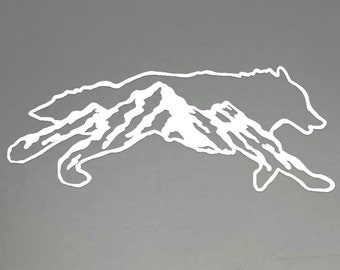 Calcomanía de montaña de lobo / Lobo corriendo dibujado a mano / Descarga digital de lobo / Calcomanías digitales / Lobo con cordillera en su interior