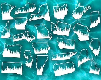 State Decals With Trees Inside | Hand Drawn State Decal | Waterproof Vinyl State Decal For Waterbottles and Cars | United States Decals