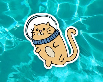Space Cat Die Cut Sticker | Cat Floating in Space | Orange Cat in Outer Space | Hand Drawn Waterproof Vinyl Decal Stickers | Galaxy Cats
