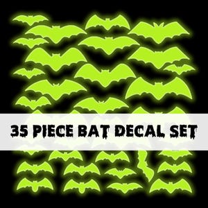 Halloween Bats Vinyl Decals | 28 Piece Sticker Sheet | Glow in the Dark, Black or White | Spooky Halloween Decor | 12”x12” Vinyl Sheet